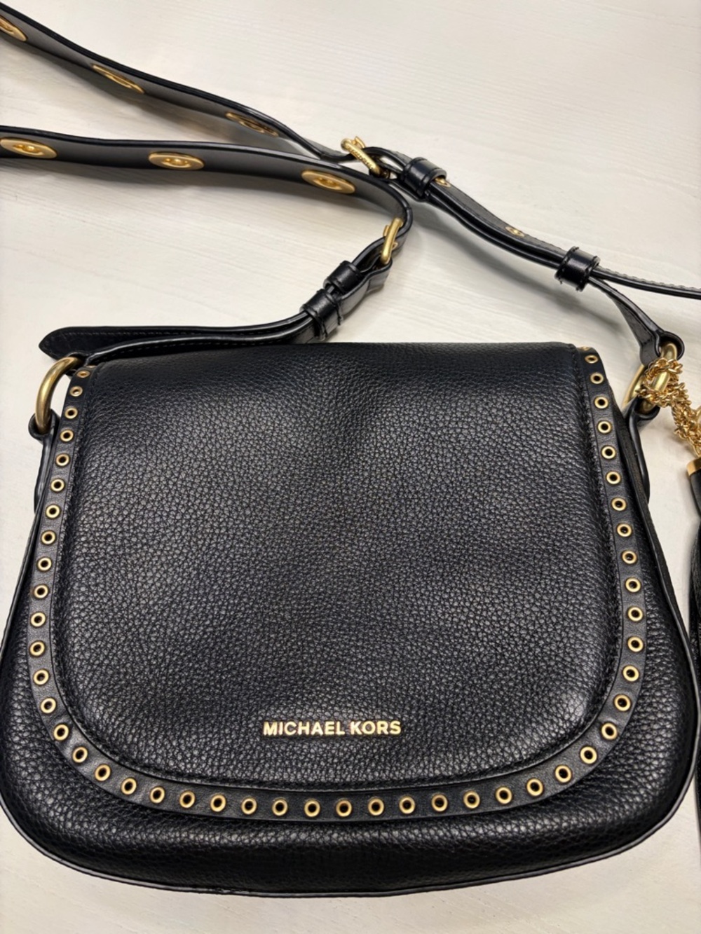 Michael Kors Black Leather Crossbody with Gold Stud Accents and Tassel